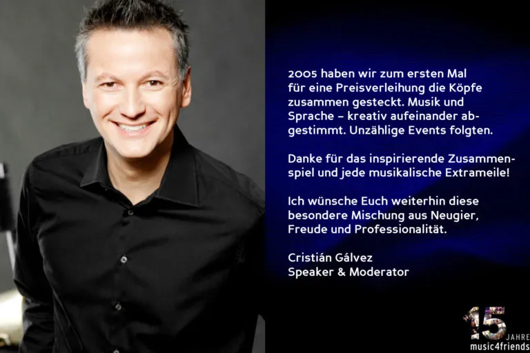 Music4Friends feiert 15 Jahre, Gratulation und Dank an Wegbegleiter.